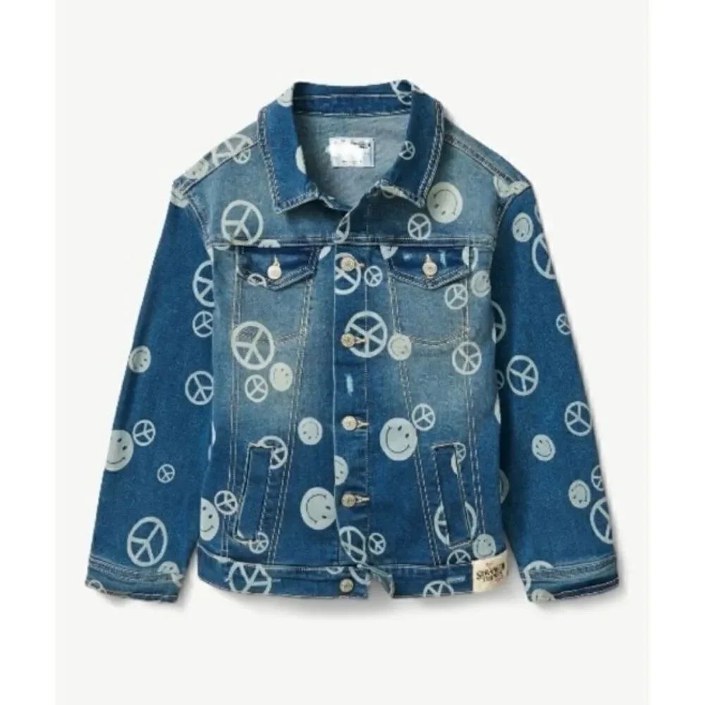 Justice Stranger Things Limited Discharged Denim Jacket Peace Smiley Face Sz XL